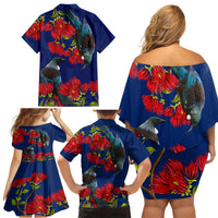 New Zealand Pohutukawa with Tui Birds Family Matching Off Shoulder Short Dress and Hawaiian Shirt Version 2 LT7 - Polynesian Pride