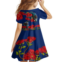 New Zealand Pohutukawa with Tui Birds Kid Short Sleeve Dress Version 2 LT7 - Polynesian Pride