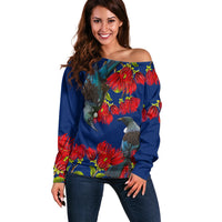 New Zealand Pohutukawa with Tui Birds Off Shoulder Sweater Version 2 LT7 Women Blue - Polynesian Pride