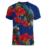 New Zealand Pohutukawa with Tui Birds Women V Neck T Shirt Version 2 LT7 - Polynesian Pride