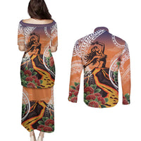 Hawaii Women's Day Tribal Couples Matching Puletasi and Long Sleeve Button Shirt Pele Honua Mea