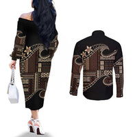 Samoa Siapo Mamanu Couples Matching Off The Shoulder Long Sleeve Dress and Long Sleeve Button Shirt Waves Motifs LT7 - Polynesian Pride