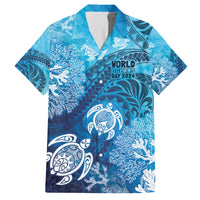 Hawaii World Ocean Day Family Matching Off The Shoulder Long Sleeve Dress and Hawaiian Shirt Kakau Turtles LT7 Dad's Shirt - Short Sleeve Blue - Polynesian Pride