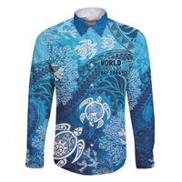 Hawaii World Ocean Day Family Matching Off Shoulder Short Dress and Hawaiian Shirt Kakau Turtles LT7 Dad's Shirt - Long Sleeve Blue - Polynesian Pride