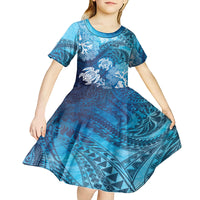 Hawaii World Ocean Day Kid Short Sleeve Dress Kakau Turtles