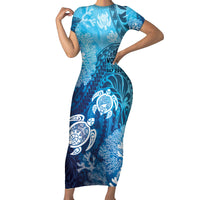 Hawaii World Ocean Day Short Sleeve Bodycon Dress Kakau Turtles