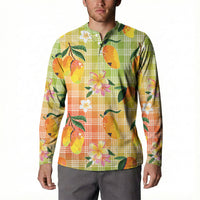 Aloha Hawaii Palaka Print Mango Plumeria Button Sweatshirt Tropical Vibes