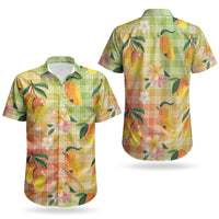 Aloha Hawaii Palaka Print Mango Plumeria Couples Matching Mermaid Dress and Hawaiian Shirt Tropical Vibes