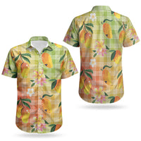 Aloha Hawaii Palaka Print Mango Plumeria Couples Matching Off Shoulder Maxi Dress and Hawaiian Shirt Tropical Vibes