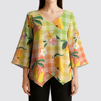 Aloha Hawaii Palaka Print Mango Plumeria Kimono Sleeve Blouse Tropical Vibes
