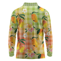 Aloha Hawaii Palaka Print Mango Plumeria Long Sleeve Polo Shirt Tropical Vibes