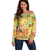 Aloha Hawaii Palaka Print Mango Plumeria Off Shoulder Sweater Tropical Vibes