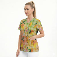 Aloha Hawaii Palaka Print Mango Plumeria Scrub Top Tropical Vibes