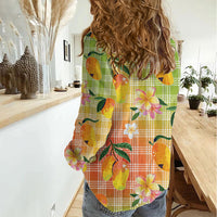 Aloha Hawaii Palaka Print Mango Plumeria Women Casual Shirt Tropical Vibes