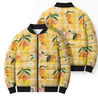Aloha Hawaii Palaka Print Mango Plumeria Bomber Puffer Jacket Fresh Lemon