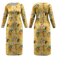 Aloha Hawaii Palaka Print Mango Plumeria Couples Matching Long Sleeve Bodycon Dress and Long Sleeve Button Shirt Fresh Lemon