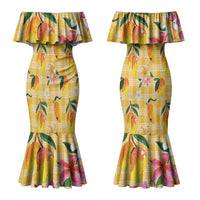 Aloha Hawaii Palaka Print Mango Plumeria Couples Matching Mermaid Dress and Long Sleeve Button Shirt Fresh Lemon