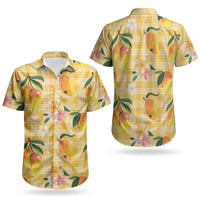 Aloha Hawaii Palaka Print Mango Plumeria Couples Matching Off Shoulder Maxi Dress and Hawaiian Shirt Fresh Lemon