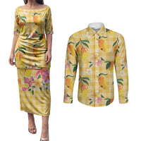 Aloha Hawaii Palaka Print Mango Plumeria Couples Matching Puletasi and Long Sleeve Button Shirt Fresh Lemon