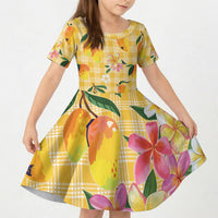Aloha Hawaii Palaka Print Mango Plumeria Kid Short Sleeve Dress Fresh Lemon