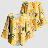 Aloha Hawaii Palaka Print Mango Plumeria Kimono Sleeve Blouse Fresh Lemon