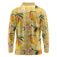 Aloha Hawaii Palaka Print Mango Plumeria Long Sleeve Polo Shirt Fresh Lemon
