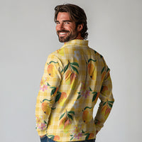 Aloha Hawaii Palaka Print Mango Plumeria Long Sleeve Polo Shirt Fresh Lemon
