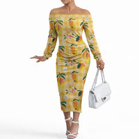 Aloha Hawaii Palaka Print Mango Plumeria Off The Shoulder Long Sleeve Dress Fresh Lemon