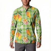 Aloha Hawaii Palaka Print Mango Plumeria Button Sweatshirt Cool Mint