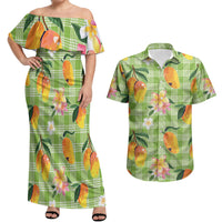 Aloha Hawaii Palaka Print Mango Plumeria Couples Matching Off Shoulder Maxi Dress and Hawaiian Shirt Cool Mint