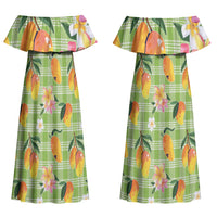 Aloha Hawaii Palaka Print Mango Plumeria Couples Matching Off Shoulder Maxi Dress and Hawaiian Shirt Cool Mint