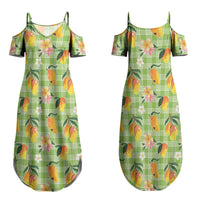 Aloha Hawaii Palaka Print Mango Plumeria Couples Matching Summer Maxi Dress and Hawaiian Shirt Cool Mint