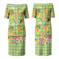 Aloha Hawaii Palaka Print Mango Plumeria Family Matching Puletasi and Hawaiian Shirt Cool Mint