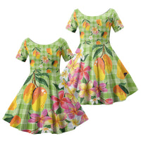 Aloha Hawaii Palaka Print Mango Plumeria Family Matching Summer Maxi Dress and Hawaiian Shirt Cool Mint