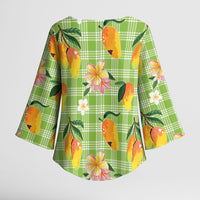 Aloha Hawaii Palaka Print Mango Plumeria Kimono Sleeve Blouse Cool Mint