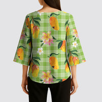 Aloha Hawaii Palaka Print Mango Plumeria Kimono Sleeve Blouse Cool Mint