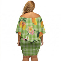 Aloha Hawaii Palaka Print Mango Plumeria Off Shoulder Short Dress Cool Mint