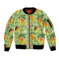 Aloha Hawaii Palaka Print Mango Plumeria Sleeve Zip Bomber Jacket Cool Mint
