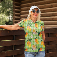 Aloha Hawaii Palaka Print Mango Plumeria Women Polo Shirt Cool Mint