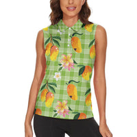 Aloha Hawaii Palaka Print Mango Plumeria Women Sleeveless Polo Shirt Cool Mint