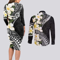 Aloha Hawaii Festive Couples Matching Long Sleeve Bodycon Dress and Long Sleeve Button Shirt Frangipani Lace Classic