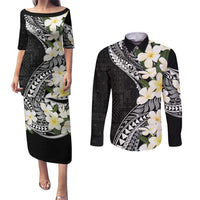 Aloha Hawaii Festive Couples Matching Puletasi and Long Sleeve Button Shirt Frangipani Lace Classic LT7 Black - Polynesian Pride