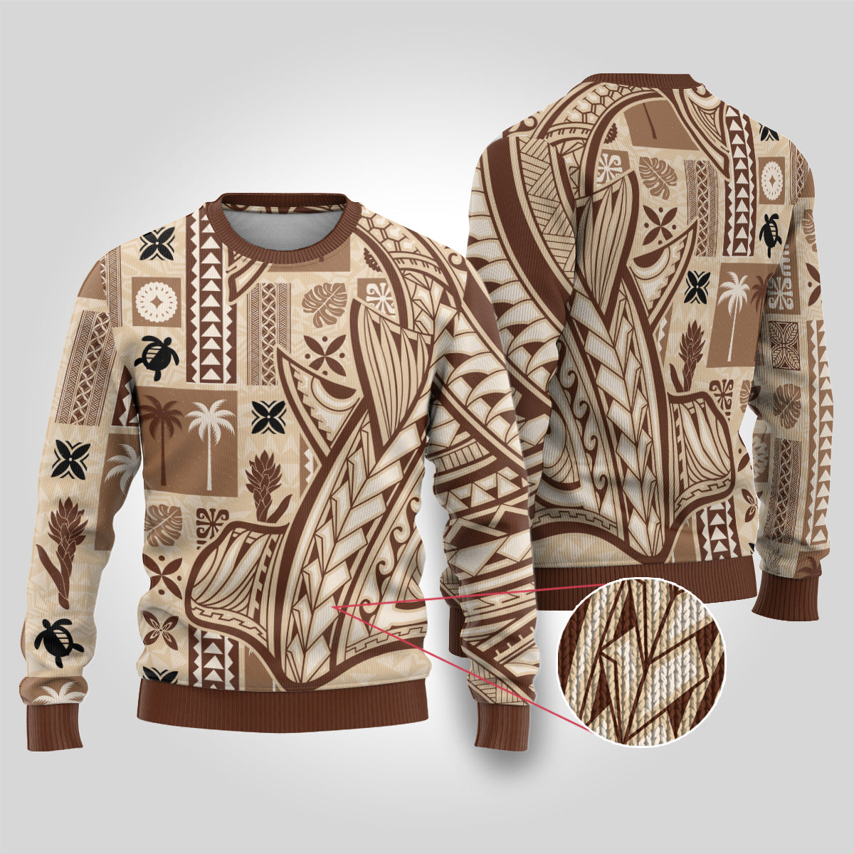Samoa Tapa Ugly Christmas Sweater Siapo Mix Tatau Patterns LT7 Beige - Polynesian Pride