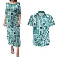 Samoa Tapa Couples Matching Puletasi Dress and Hawaiian Shirt Siapo Mix Tatau Patterns - Teal LT7 Teal - Polynesian Pride