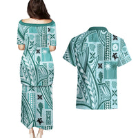 Samoa Tapa Couples Matching Puletasi Dress and Hawaiian Shirt Siapo Mix Tatau Patterns - Teal LT7 - Polynesian Pride