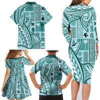 Samoa Tapa Family Matching Long Sleeve Bodycon Dress and Hawaiian Shirt Siapo Mix Tatau Patterns - Teal LT7 - Polynesian Pride