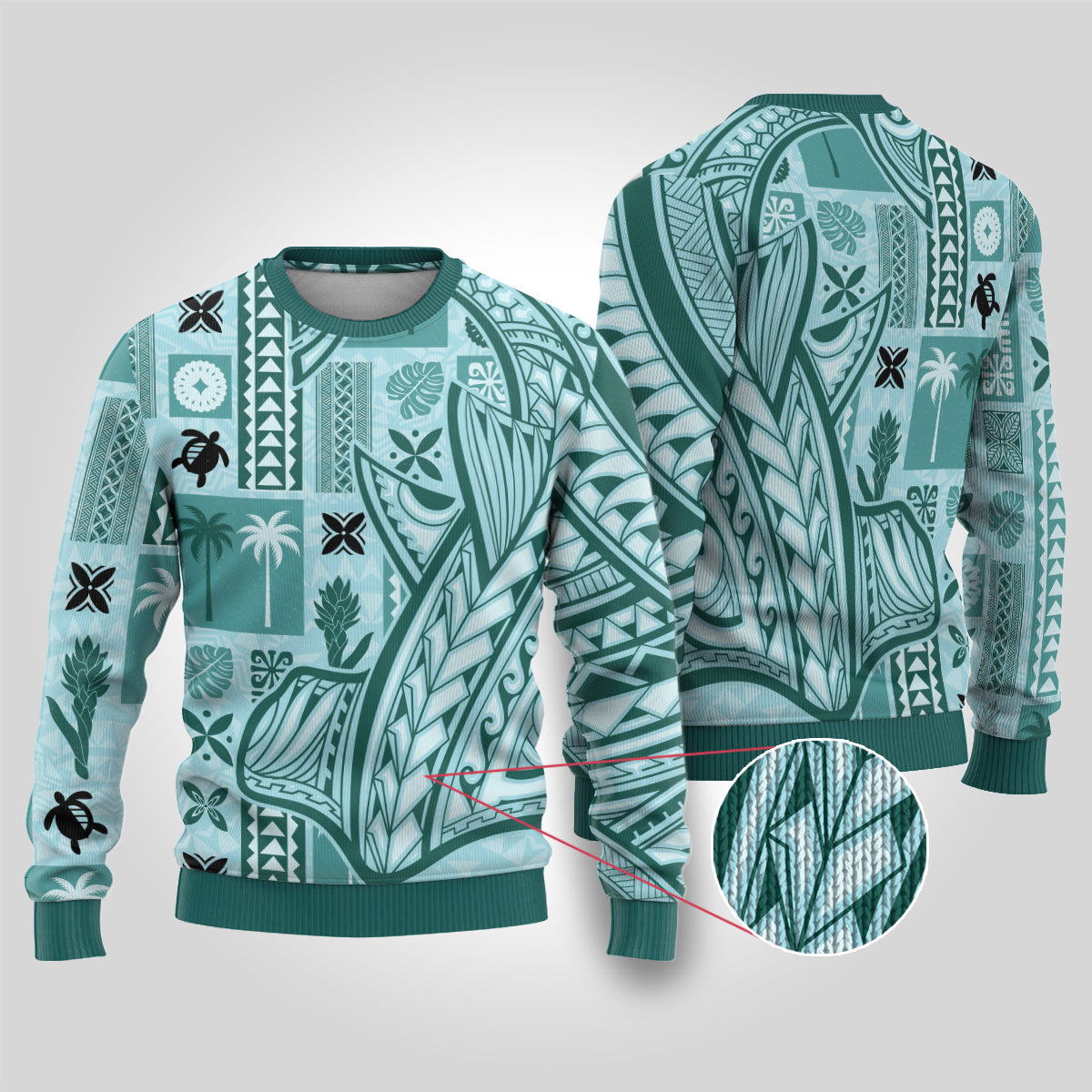 Samoa Tapa Ugly Christmas Sweater Siapo Mix Tatau Patterns - Teal LT7 Teal - Polynesian Pride