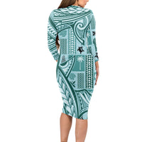Samoa Tapa Long Sleeve Bodycon Dress Siapo Mix Tatau Patterns - Teal LT7 - Polynesian Pride