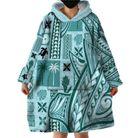 Samoa Tapa Wearable Blanket Hoodie Siapo Mix Tatau Patterns - Teal LT7 - Polynesian Pride