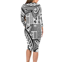 Samoa Tapa Long Sleeve Bodycon Dress Siapo Mix Tatau Patterns - White LT7 - Polynesian Pride